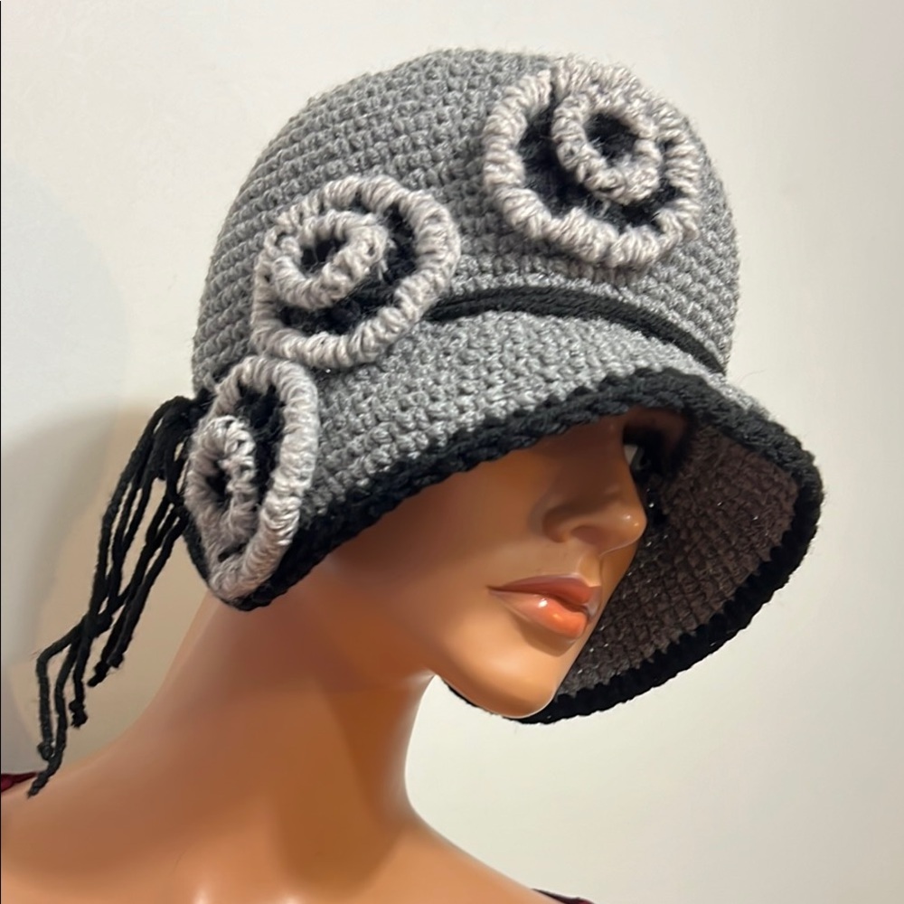 Grey Crochet Flower Cloche Hat - Women Accessories